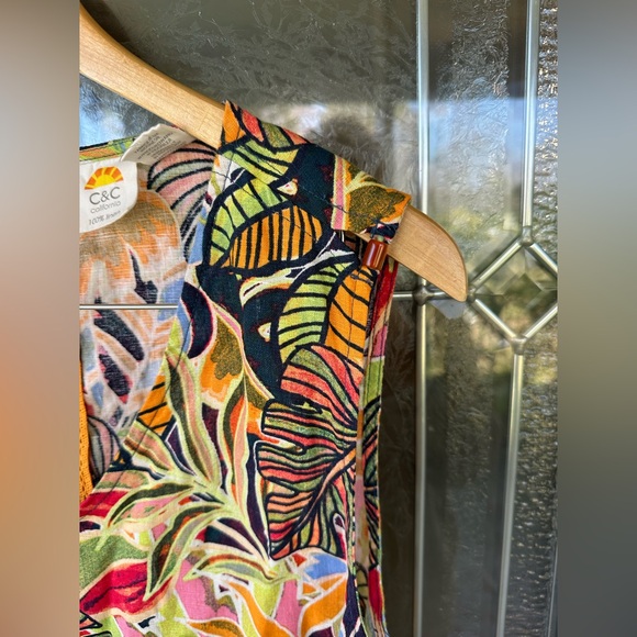 Small Linen V Neck Tropical Vacation Shift Dress Pockets Bright Colorful Resort - Picture 3 of 6